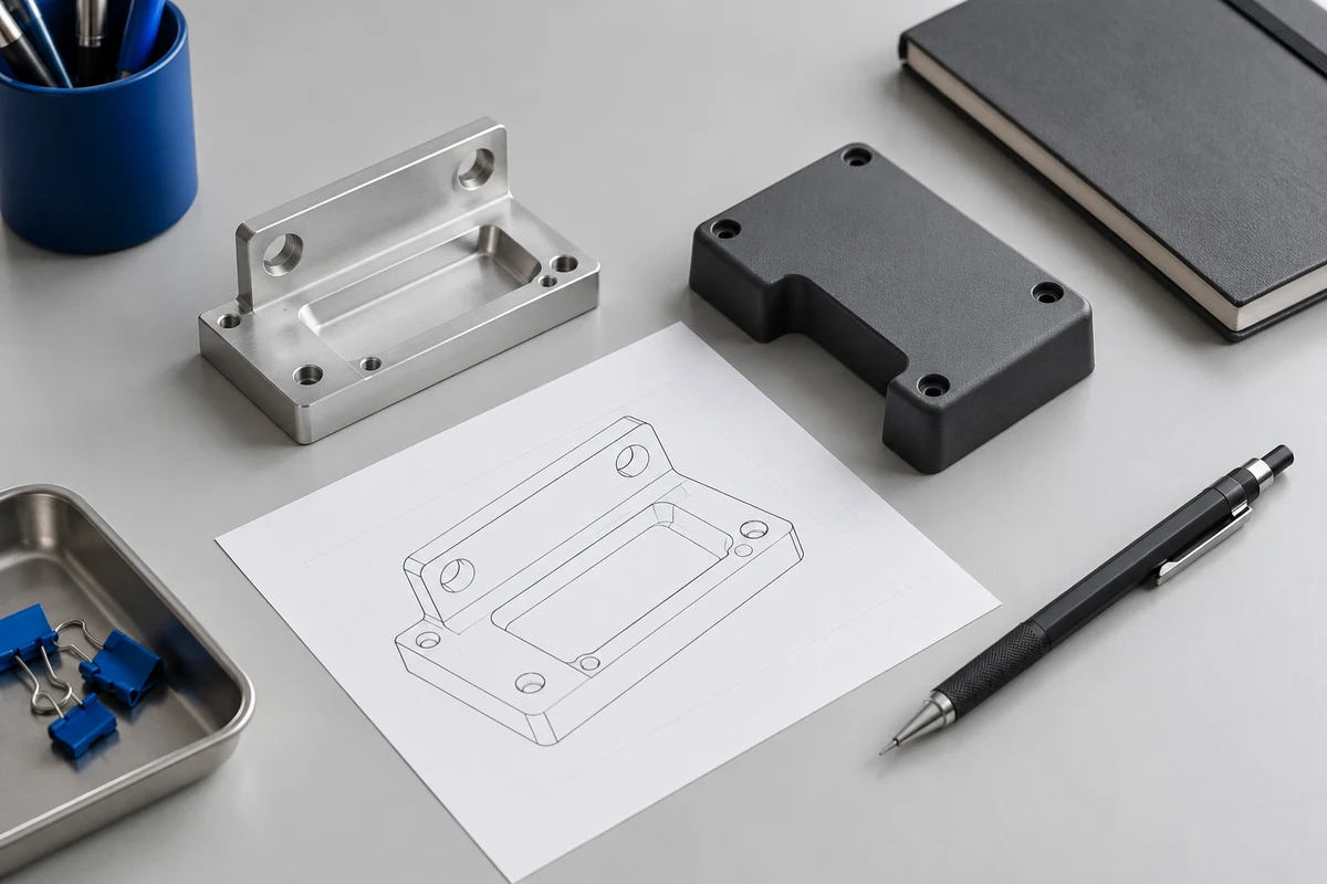 AI-generated illustration of a generic part sketch, metal bracket and plastic cover on a review desk; not Omita documents or a customer project.