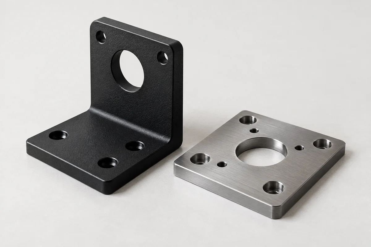 AI-generated illustration of a black powder-coated bracket beside an uncoated metal plate; not a real finish sample or Omita part.