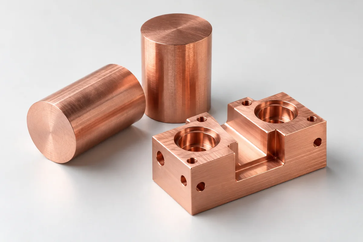 AI-generated photorealistic illustration of copper components; not an actual material sample, finish standard or Omita project.