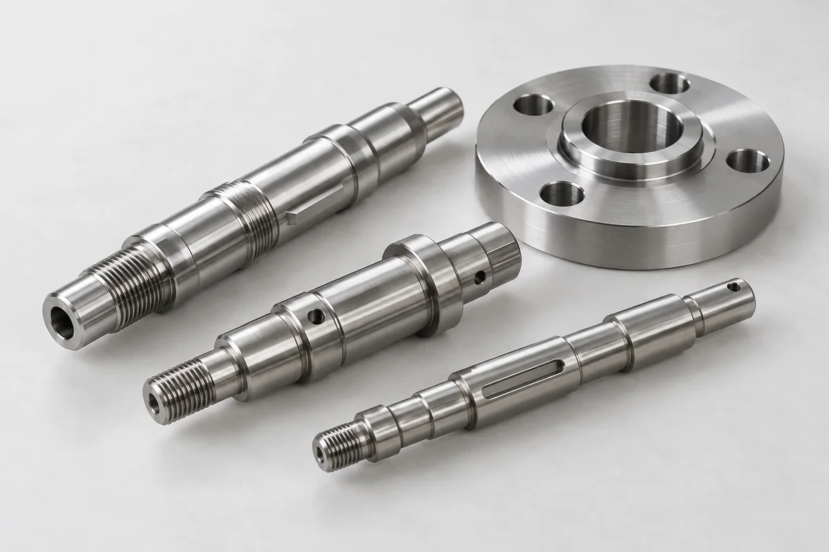 AI-generated photorealistic illustration of stainless steel components; not an actual material sample, finish standard or Omita project.