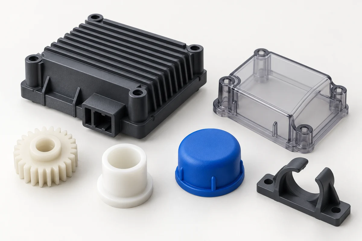 AI-generated collection of generic plastic housings, a gear, bushing, cap and clip; not Omita parts or verified resin samples.