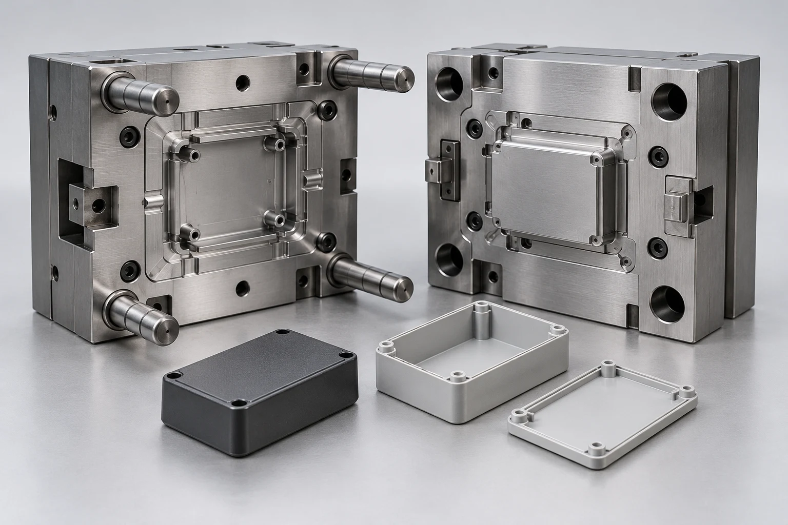 AI-generated concept of an open injection mold and plastic trial samples; not Omita tooling or a customer project.