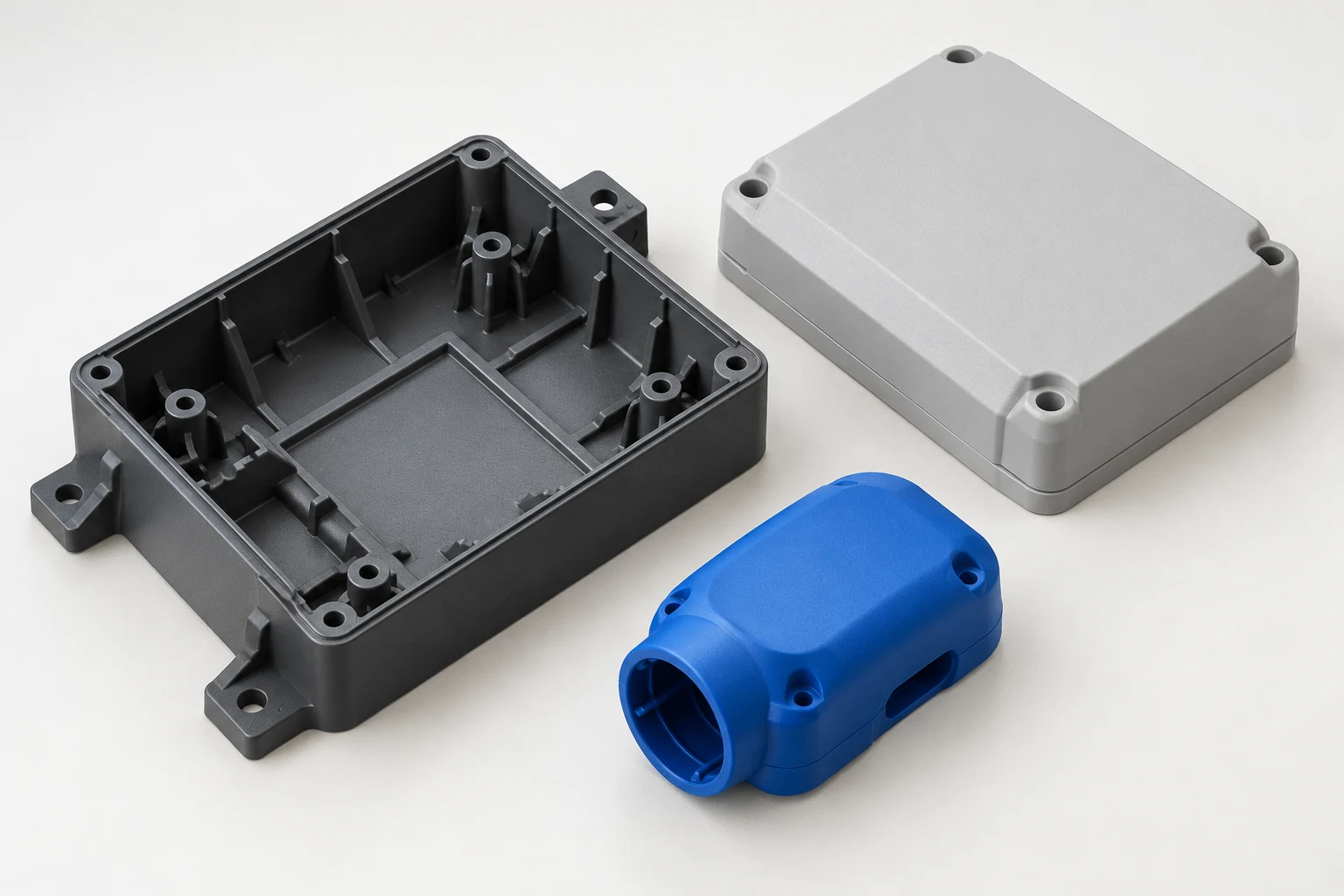 AI-generated concept of plastic housings with ribs and mounting bosses; not Omita products or validated designs.