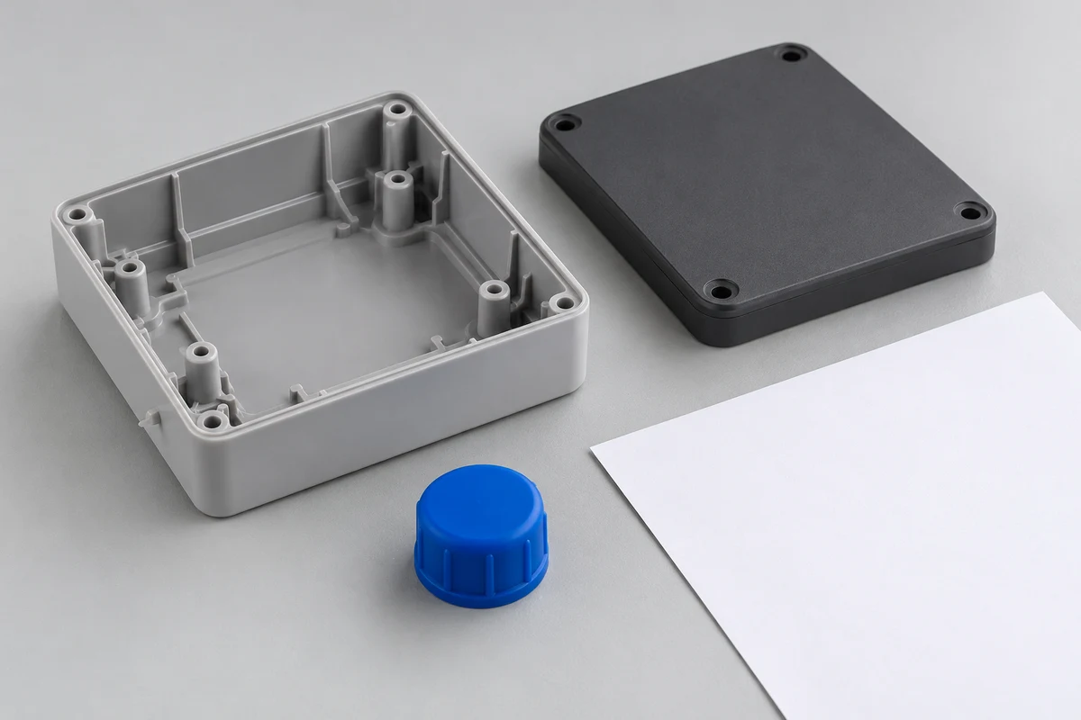 AI-generated concept of plastic trial housings, a cap and a blank review sheet; not Omita samples or a customer project.